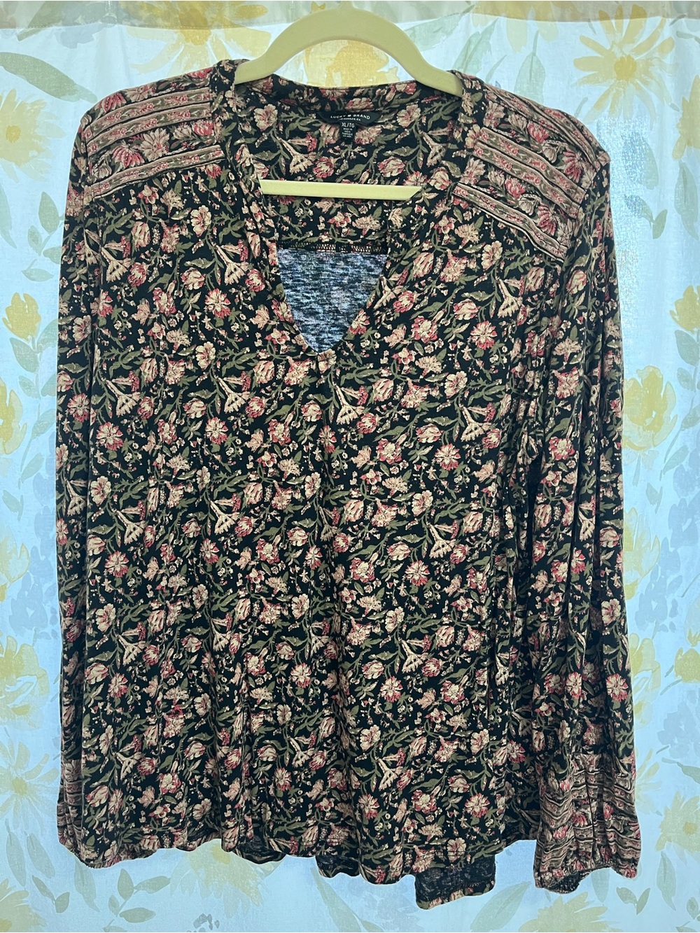 Lucky Brand Black Floral V-Neck Long Sleeve Top with Pink and Green Print